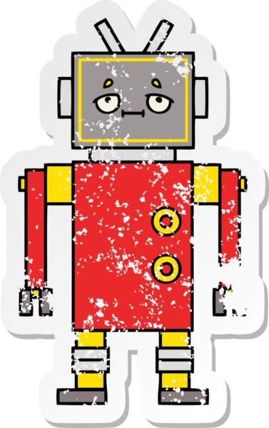 Bir insan tarafından çizilmiş sevimli bir robot çizgi film çıkartması.