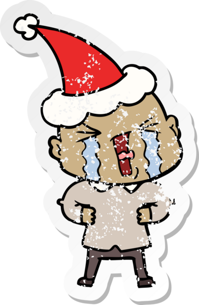 Ağlayan, kel, Noel Baba şapkası takan, insan tarafından çizilmiş, kederli bir karikatür.