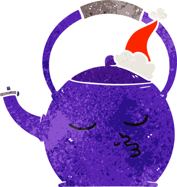 Bir insan tarafından çizilmiş Noel Baba şapkası takan bir çaydanlığın eski çizgi filmi.