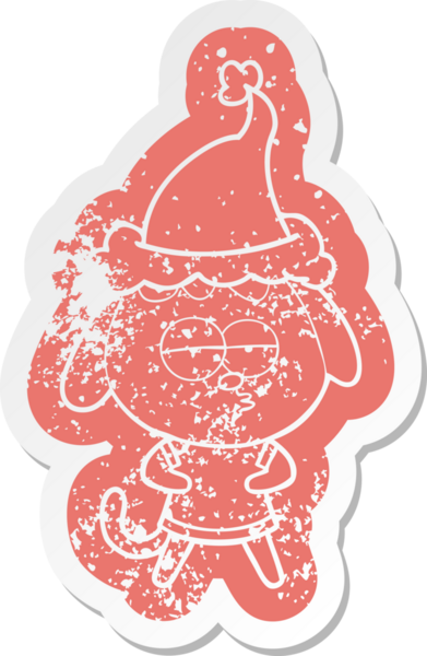 Bir insan tarafından çizilmiş Noel Baba şapkası takan canı sıkkın bir köpeğin garip karikatürü.