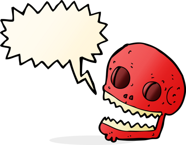 Bir insan tarafından çizilmiş konuşma baloncuğu olan karikatürümsü kafatası.