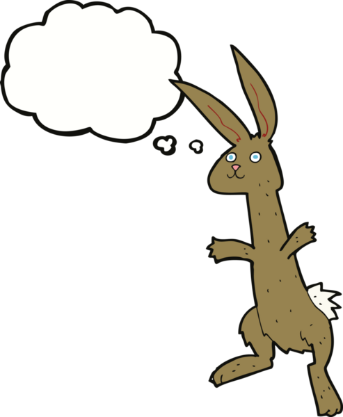 Bir insan tarafından çizilmiş düşünce kabarcığı olan çizgi film tavşanı.