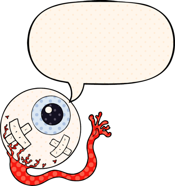 Bir insan tarafından çizilmiş çizgi roman tarzında konuşma baloncuğu olan yaralı bir göz.