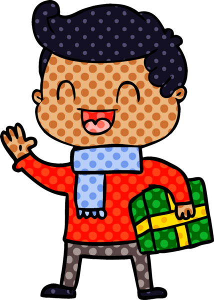 Bir insan tarafından çizilmiş, elinde bir hediye tutan gülen adam.