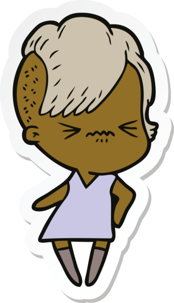 Çizgi film çıkartması. Bir insan tarafından çizilmiş sinirli hippi kız.