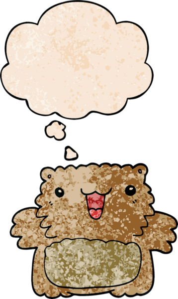 Bir insan tarafından çizilmiş grunge desenli düşünce baloncuklu çizgi film ayısı.