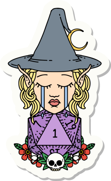 Ağlayan bir elf cadısının çıkartması. Bir insan tarafından çizilmiş doğal bir D20 rulosu.