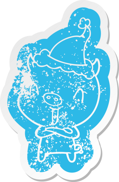 Mutlu çizgi film, insan tarafından çizilmiş Noel Baba şapkası takan bir domuzun sıkıntılı çıkartması.