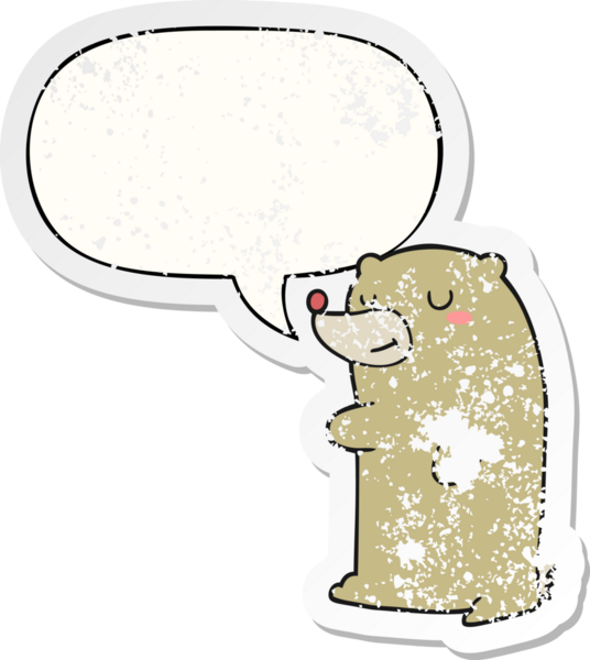 Konuşma baloncuğu olan sevimli çizgi film ayısı bir insan tarafından çizilmiş sıkıntılı eski bir çıkartma