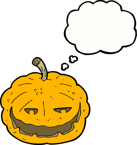 Bir insan tarafından çizilmiş düşünce baloncuklu Cadılar Bayramı balkabağı çizgi filmi.