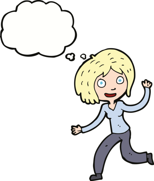 Bir insan tarafından çizilmiş düşünce balonlu mutlu el sallayan kız