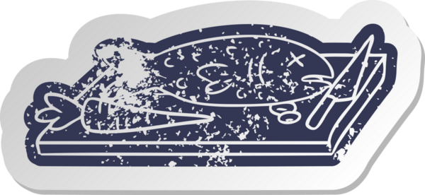 Bir insan tarafından çizilmiş yemek dilimleme tahtasının eski bir karikatür çıkartması.