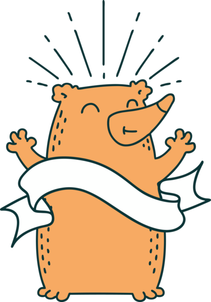 Bir insan tarafından çizilmiş dövmeli, mutlu bir ayı.