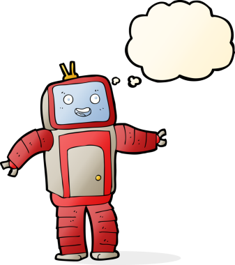 Bir insan tarafından çizilmiş düşünce baloncuklu çizgi film robotu