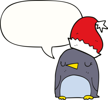 Bir insan tarafından çizilmiş konuşma balonu olan sevimli bir Noel pengueni.