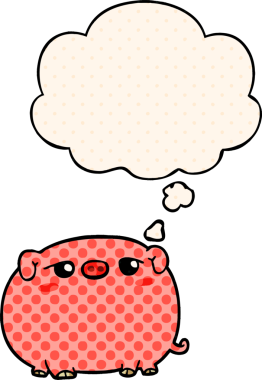 Bir insan tarafından çizilmiş çizgi roman tarzında düşünce baloncuğu olan şirin bir domuz.