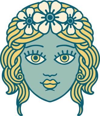 Bir insan tarafından çizilmiş çiçek desenli ikonik bir kadın yüzü.