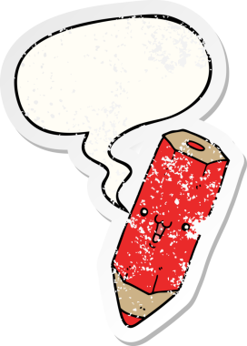 Mutlu çizgi film karakteri. Konuşma baloncuklu. Bir insan tarafından çizilmiş sıkıntılı eski bir çıkartma.