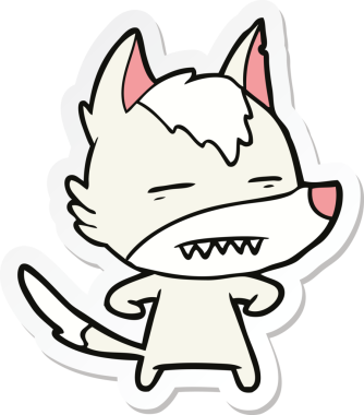 Bir insan tarafından çizilmiş dişleri gösteren bir kurt çizgi film etiketi.