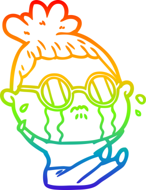 Gökkuşağı gradyan çizgi çizimi. Bir insan tarafından çizilmiş gözlük takan ağlayan bir kadın.