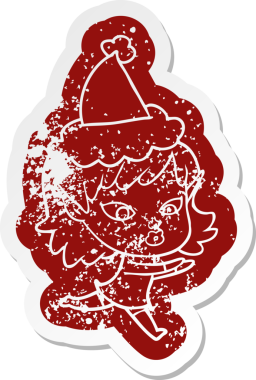 Bir insan tarafından çizilmiş Noel Baba şapkası giyen elf bir kızın garip bir karikatürü.