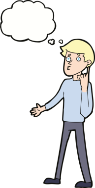 Çizgi filmci bir insan tarafından çizilmiş düşünce baloncuğuyla soru soruyor.