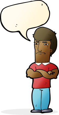 Bir insan tarafından çizilmiş, kolları katlanmış, konuşma balonlu bir karikatür.