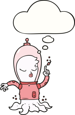 Bir insan tarafından çizilmiş düşünce baloncuğu olan sevimli bir uzaylı çizgi filmi.