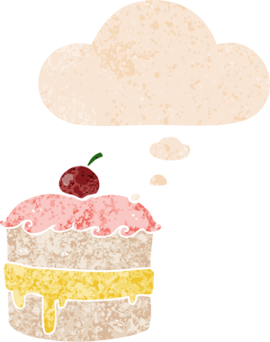 Düşünce baloncuklu çizgi film pastası grunge sıkıntılı retro desenli bir insan tarafından çizilmiş