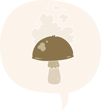 Spor bulutlu çizgi film mantarı. Konuşma baloncuğu retro tarzı bir insan tarafından çizilmiş.