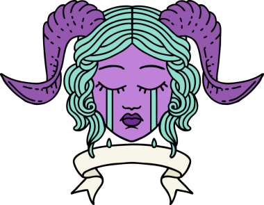 Retro Dövme Biçimi, bir insan tarafından çizilmiş kaydırma pankartıyla ağlayan karakter yüzü