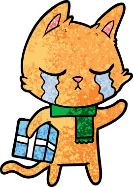 Ağlayan çizgi film kedisi elinde bir insan tarafından çizilmiş Noel hediyesini tutuyor.