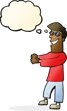 Bir insan tarafından çizilmiş düşünce balonlu gözlüklü sırıtan çizgi film adamı.