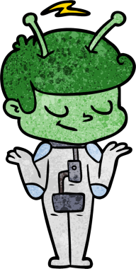 Bir insan tarafından çizilmiş dost canlısı çizgi film uzay adamı omuz silkiyor.