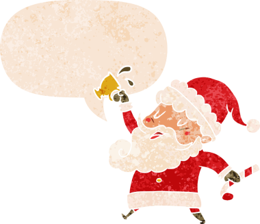 çizgi film Noel Baba sıcak kakao ile konuşma balonu grunge sıkıntılı retro dokuma tarzı bir insan tarafından çizilmiş