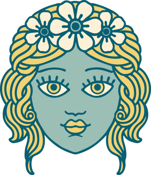 Bir insan tarafından çizilmiş çiçek desenli ikonik bir kadın yüzü.