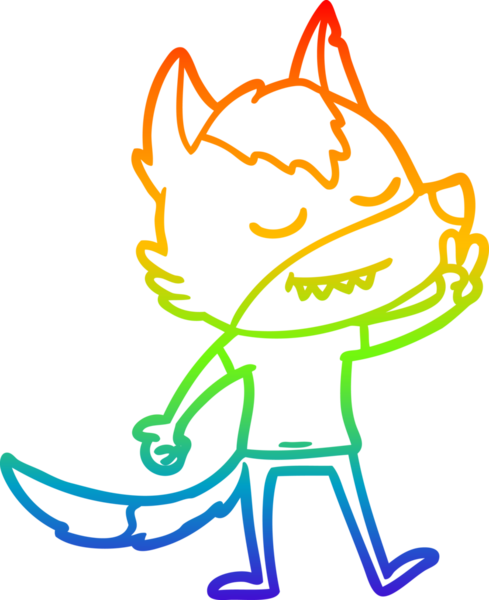 Gökkuşağı gradyan çizgisi, bir insan tarafından çizilmiş barış işareti yapan dost bir kurt çizgi karakteri.