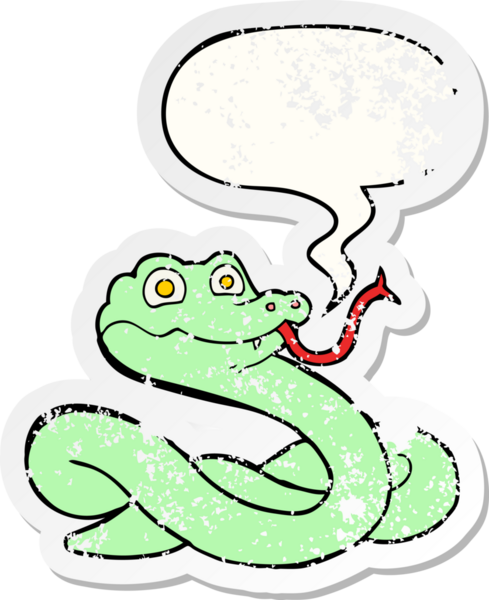 Konuşma baloncuğu olan çizgi film yılanı, bir insan tarafından çizilmiş sıkıntılı eski bir çıkartma.