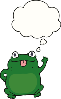 Bir insan tarafından çizilmiş düşünce baloncuklu karikatür kurbağası