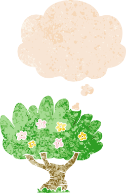 Düşünce baloncuğu ve grunge desenli karikatür ağacı bir insan tarafından çizilmiş.