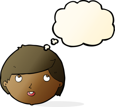 Bir insan tarafından çizilmiş düşünce baloncuklu mutlu bir yüz.