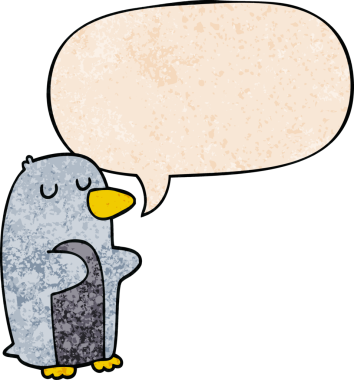 Konuşma baloncuğu olan karikatür pengueni insan tarafından çizilmiş.