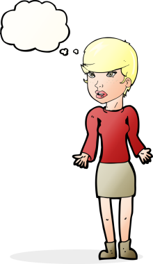 Bir insan tarafından çizilmiş düşünce baloncuğu olan kafası karışık bir kadın çizgi filmi.