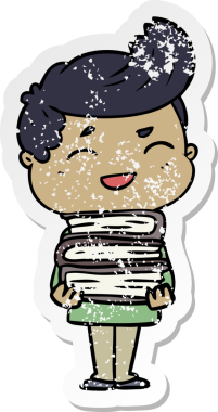 Bir insan tarafından çizilmiş kitapları tutan, gülen bir çizgi film karakterinin sıkıntılı çıkartması.