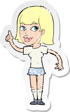 Bir insan tarafından çizilmiş, karikatürlü, kederli, güzel bir kızın retro yapıştırması.