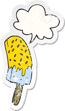 Konuşma baloncuklu çizgi film dondurma lolipopu bir insan tarafından çizilmiş sıkıntılı eski bir çıkartma