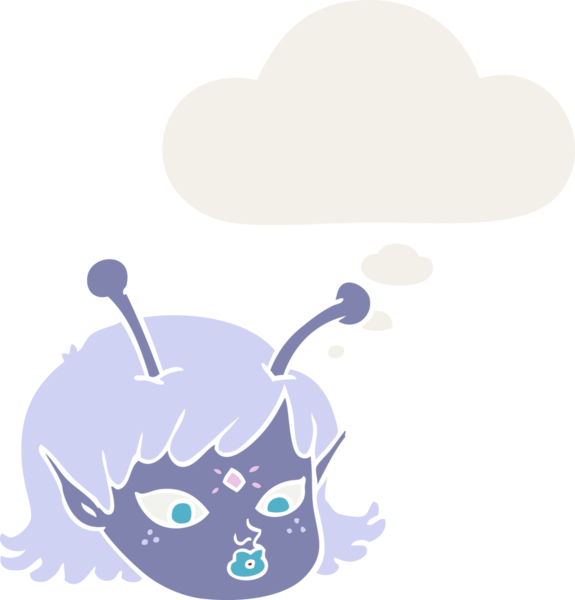 Bir insan tarafından çizilmiş düşünce baloncuklu uzaylı uzaylı kız yüzü.