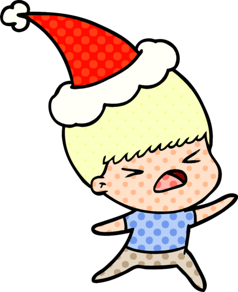 Bir insan tarafından çizilmiş Noel Baba şapkası giyen stresli bir adamın el çizimi çizgi roman çizimi.