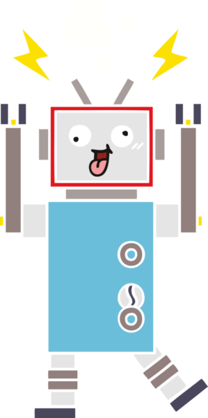 Bir insan tarafından çizilmiş çatlak bir robotun düz renkli retro karikatürü