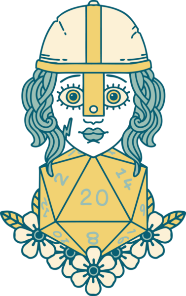 Retro Dövme Tarzı İnsan Dövüşçüsü Doğal 20 D20 zar atışıyla Bir insan tarafından çizilmiş